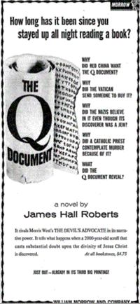 Vintage newspaper ad for a book called "The Q Document"